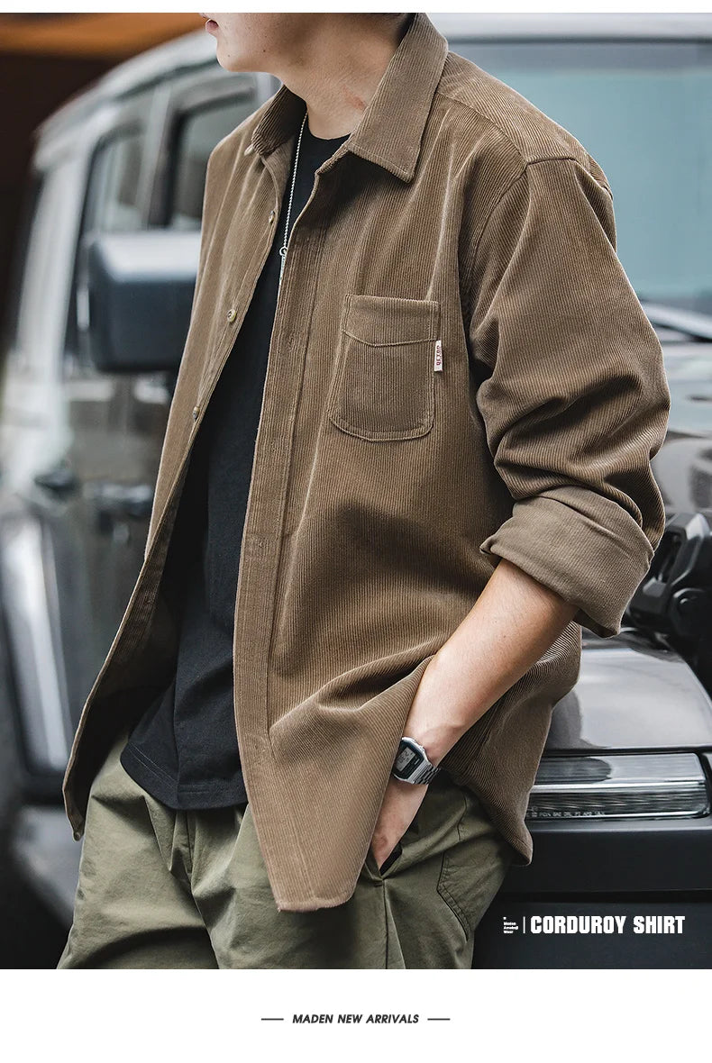 Maden Men's Shirt Casual Corduroy Long Sleeve Shirts Slim Fit Overcoat Spring Fleece Jacket Men's Clothing Retro Fashion Blouses