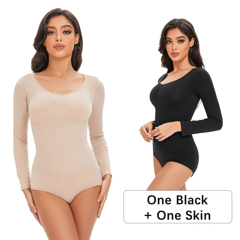 Female Underwear Open Crotch One-Piece Bodysuit Long Sleeve Seamless Waist Trainer Body Shaper Sheath Flat Belly Shapewear Woman