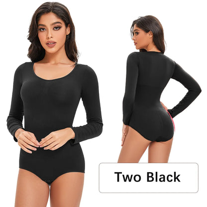 Female Underwear Open Crotch One-Piece Bodysuit Long Sleeve Seamless Waist Trainer Body Shaper Sheath Flat Belly Shapewear Woman