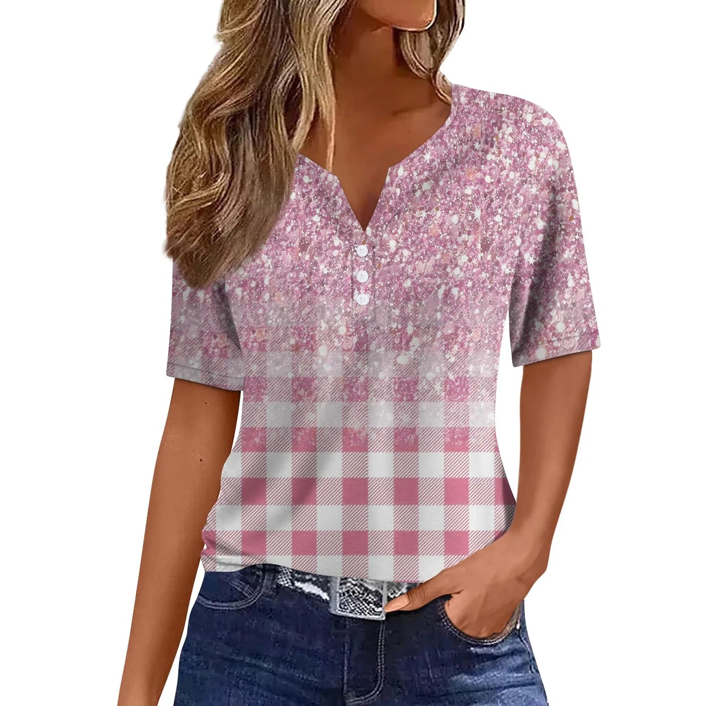 Women's Clothing Summer 2024 Tee Print Button Short Sleeve Daily Weekend Fashion Basic Top Dress Blouses
