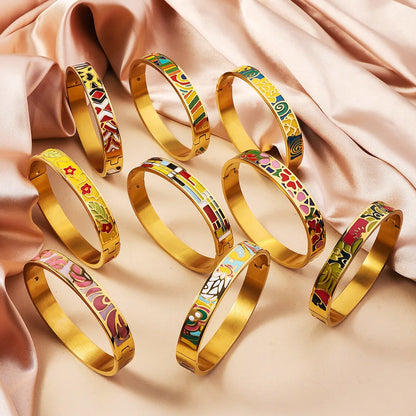Bohemian Titanium Steel Bangles French Retro Glaze Painted Women Bangles Fashion Bracelets Jewelry Trendy Enamel Accessories