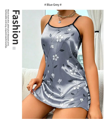Women's Sleepwear Summer Floral Print Satin Nightgown Casual Sleeveless Backless Slip Night Dress Sexy Nightdress Home Clothes
