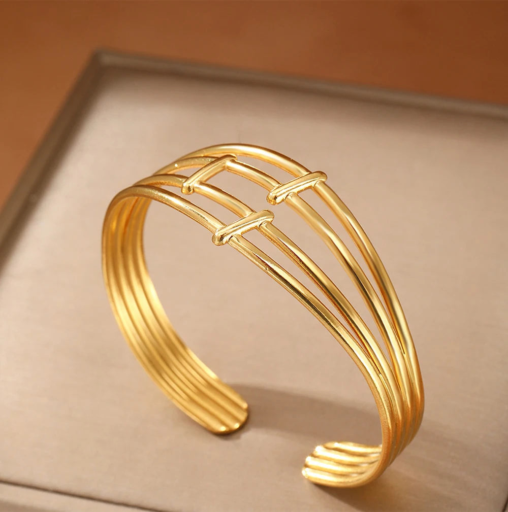 Stainless Steel Bangles for Women Gold Color Multi-layer Hollowing Fashion Bracelets Jewellery Accessories Gift