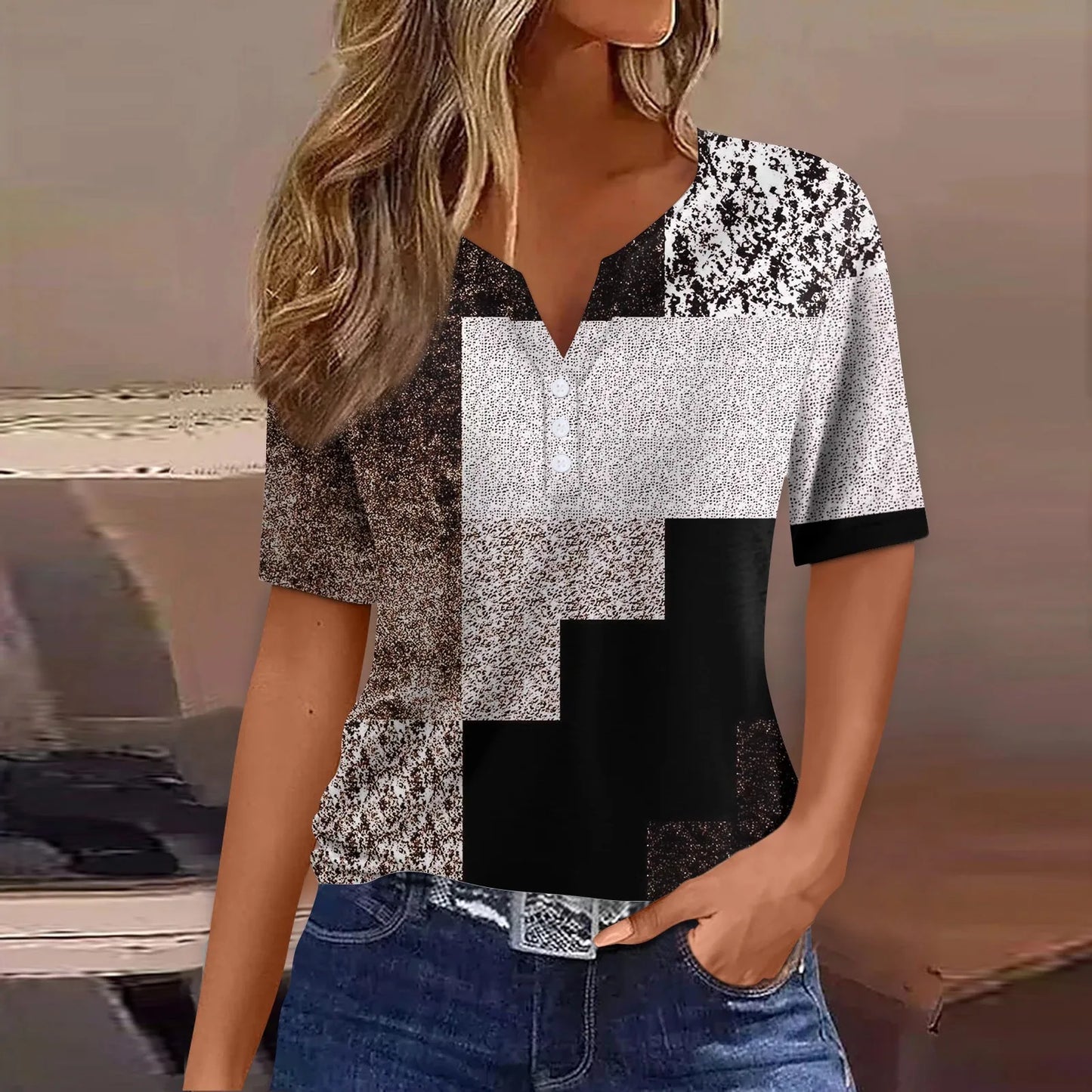 Women's Clothing Summer 2024 Tee Print Button Short Sleeve Daily Weekend Fashion Basic Top Dress Blouses
