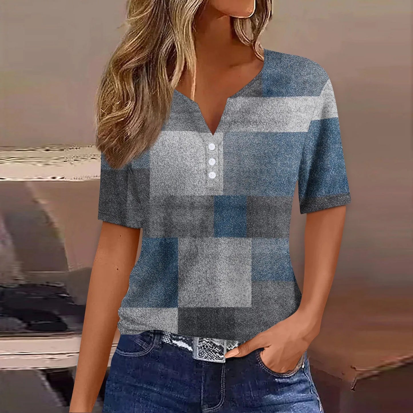 Women's Clothing Summer 2024 Tee Print Button Short Sleeve Daily Weekend Fashion Basic Top Dress Blouses