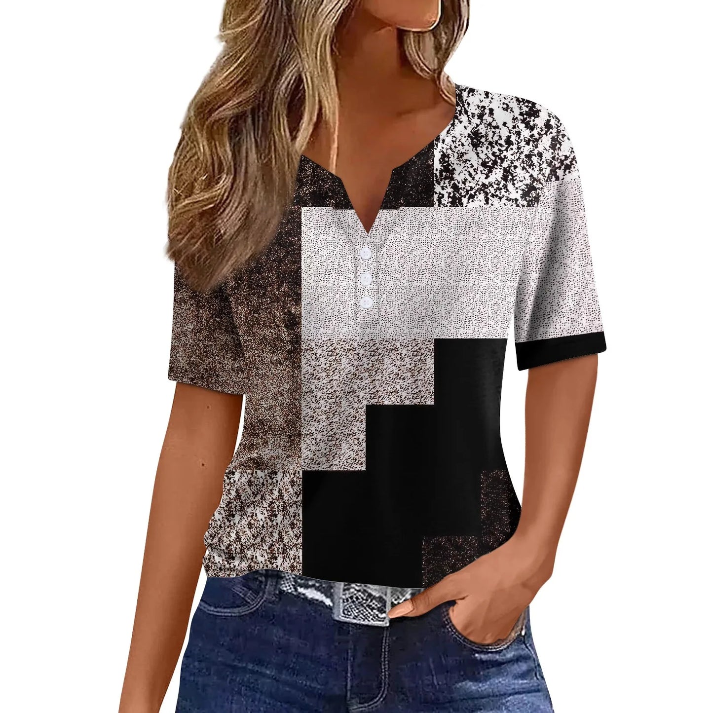 Women's Clothing Summer 2024 Tee Print Button Short Sleeve Daily Weekend Fashion Basic Top Dress Blouses
