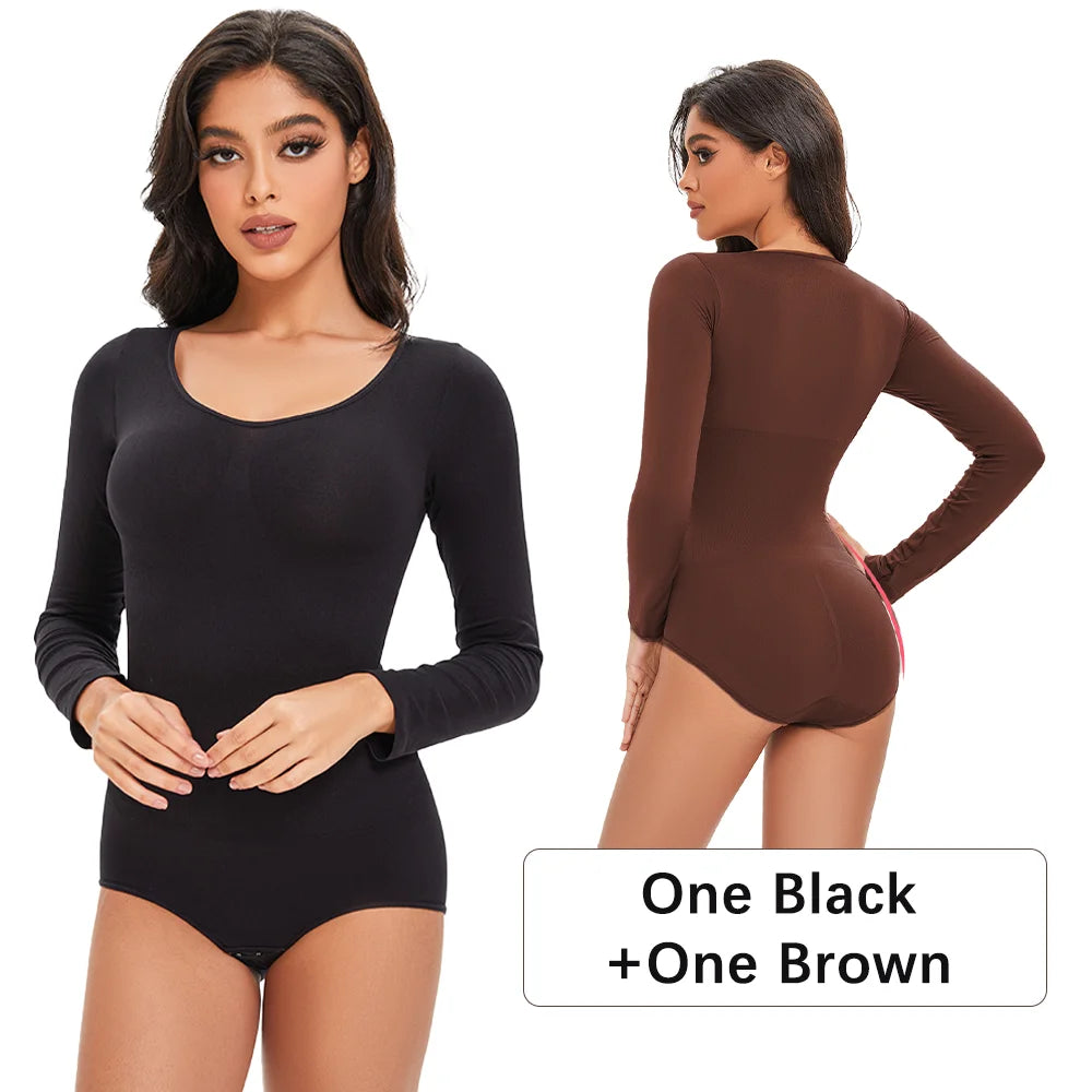 Female Underwear Open Crotch One-Piece Bodysuit Long Sleeve Seamless Waist Trainer Body Shaper Sheath Flat Belly Shapewear Woman