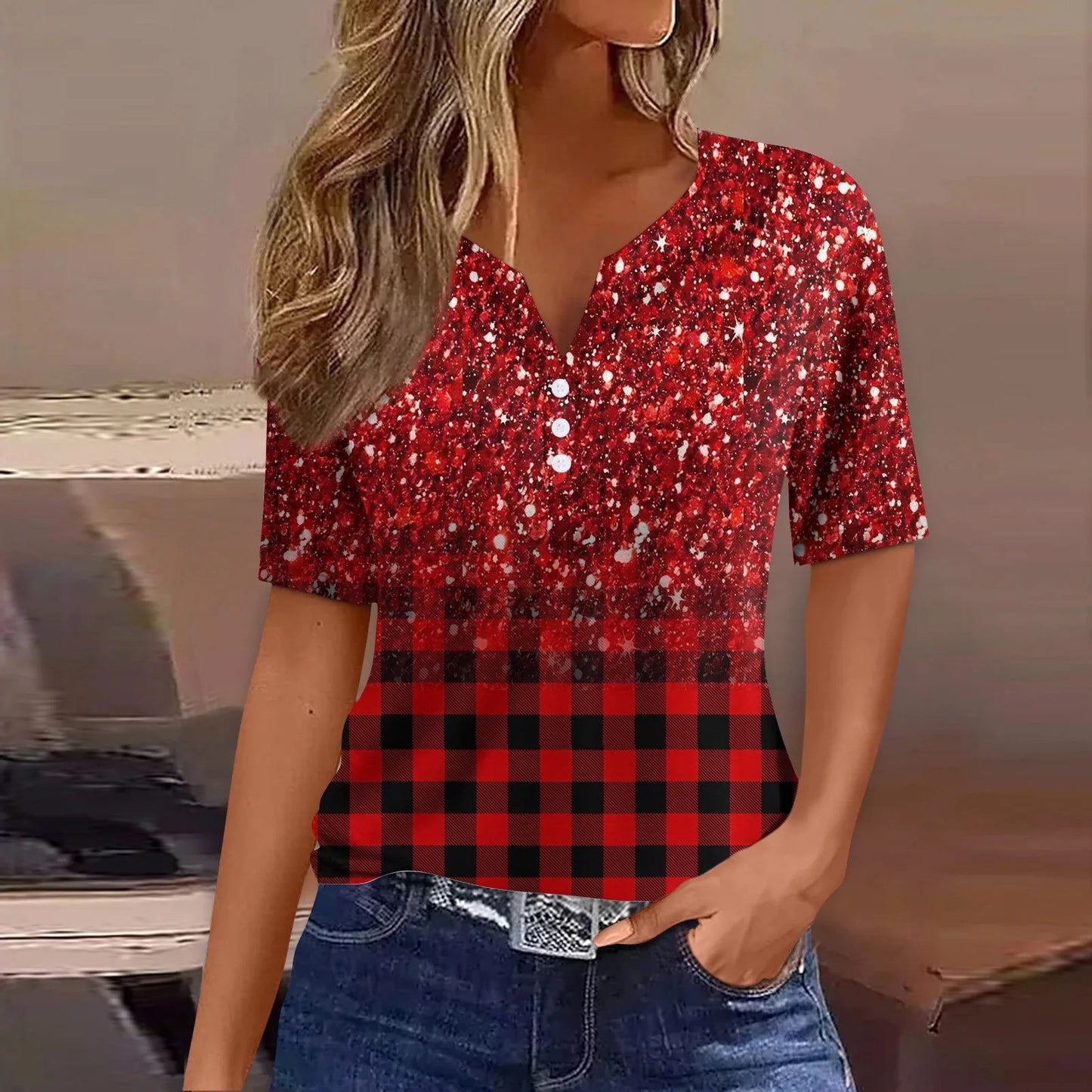 Women's Clothing Summer 2024 Tee Print Button Short Sleeve Daily Weekend Fashion Basic Top Dress Blouses