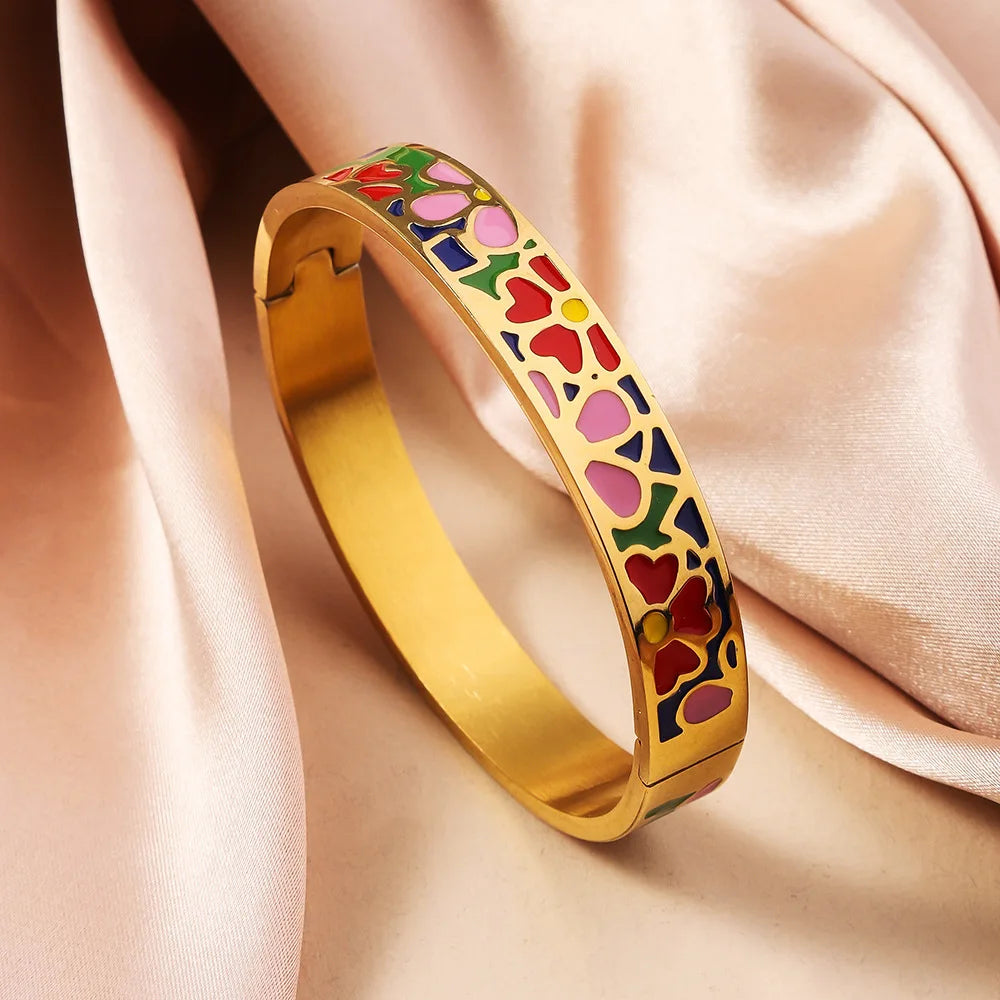 Bohemian Titanium Steel Bangles French Retro Glaze Painted Women Bangles Fashion Bracelets Jewelry Trendy Enamel Accessories