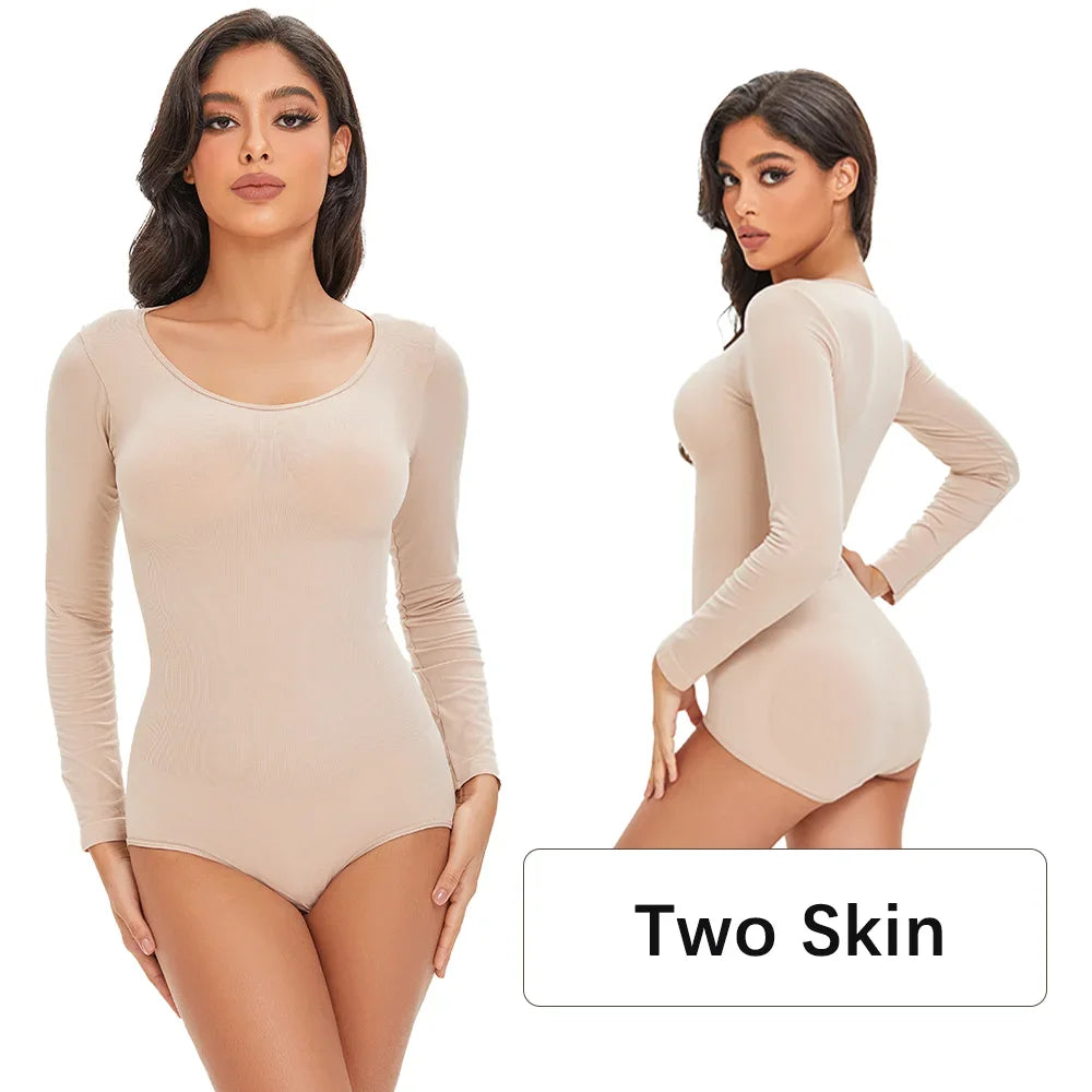 Female Underwear Open Crotch One-Piece Bodysuit Long Sleeve Seamless Waist Trainer Body Shaper Sheath Flat Belly Shapewear Woman