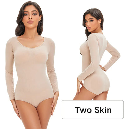 Female Underwear Open Crotch One-Piece Bodysuit Long Sleeve Seamless Waist Trainer Body Shaper Sheath Flat Belly Shapewear Woman
