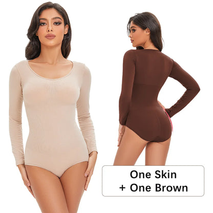 Female Underwear Open Crotch One-Piece Bodysuit Long Sleeve Seamless Waist Trainer Body Shaper Sheath Flat Belly Shapewear Woman