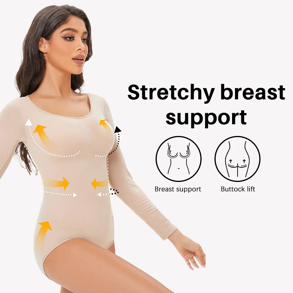 Female Underwear Open Crotch One-Piece Bodysuit Long Sleeve Seamless Waist Trainer Body Shaper Sheath Flat Belly Shapewear Woman