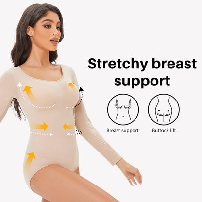 Female Underwear Open Crotch One-Piece Bodysuit Long Sleeve Seamless Waist Trainer Body Shaper Sheath Flat Belly Shapewear Woman