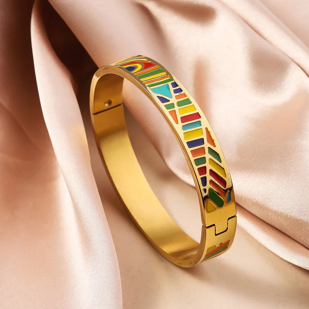 Bohemian Titanium Steel Bangles French Retro Glaze Painted Women Bangles Fashion Bracelets Jewelry Trendy Enamel Accessories