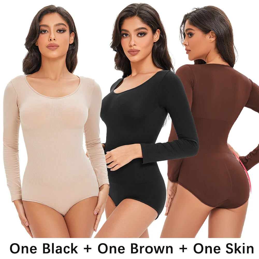 Female Underwear Open Crotch One-Piece Bodysuit Long Sleeve Seamless Waist Trainer Body Shaper Sheath Flat Belly Shapewear Woman