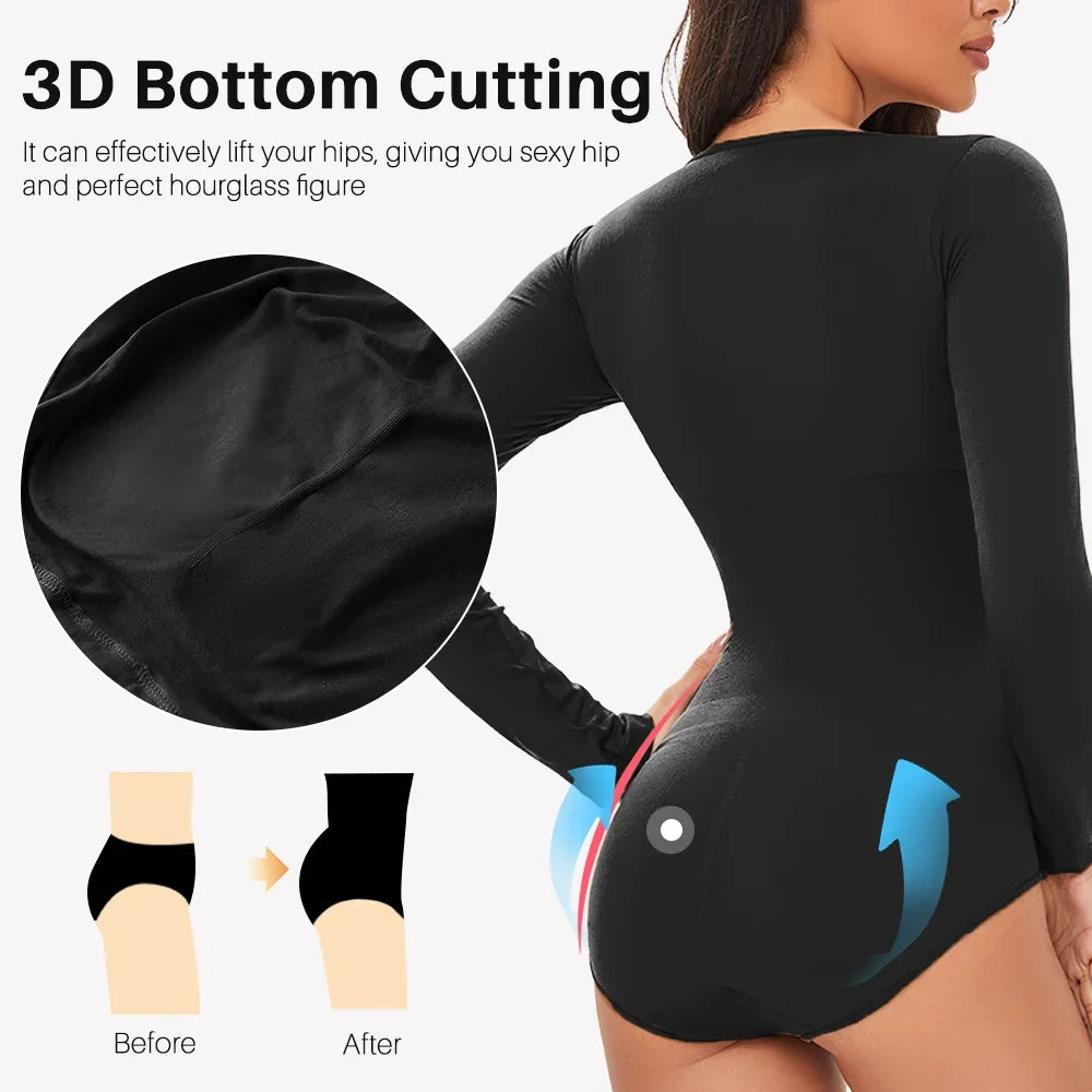 Female Underwear Open Crotch One-Piece Bodysuit Long Sleeve Seamless Waist Trainer Body Shaper Sheath Flat Belly Shapewear Woman