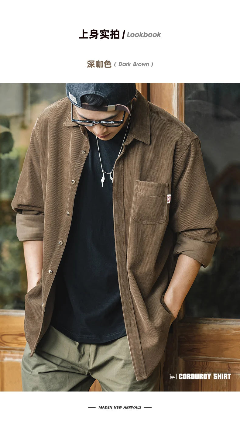 Maden Men's Shirt Casual Corduroy Long Sleeve Shirts Slim Fit Overcoat Spring Fleece Jacket Men's Clothing Retro Fashion Blouses