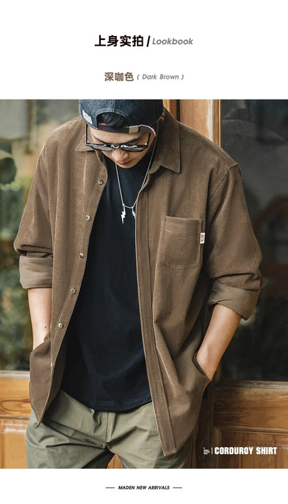 Maden Men's Shirt Casual Corduroy Long Sleeve Shirts Slim Fit Overcoat Spring Fleece Jacket Men's Clothing Retro Fashion Blouses